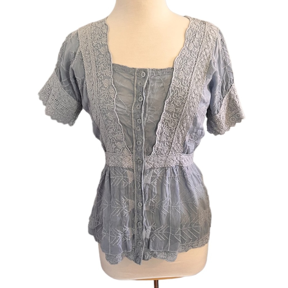 Johnny Was Light Blue Button Up Embroidered Crochet Blouse - Small